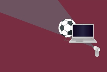 Laptop and football icons on dark red background